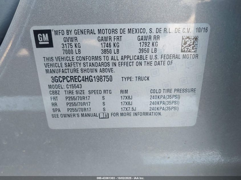 2017 Chevrolet Silverado 1500 1Lt VIN: 3GCPCREC4HG198750 Lot: 43361303