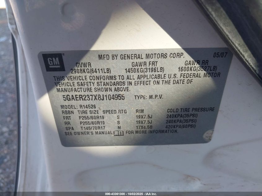 2008 Buick Enclave Cxl VIN: 5GAER237X8J104955 Lot: 43361308