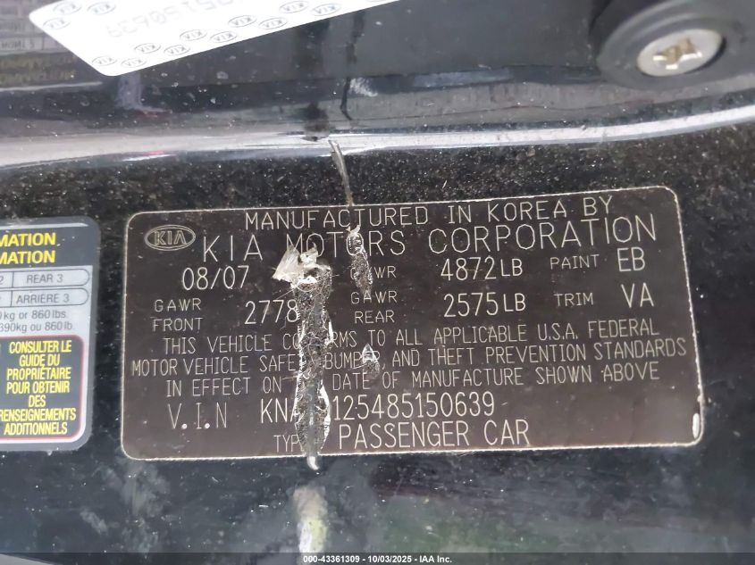2008 Kia Amanti VIN: KNALD125485150639 Lot: 43361309