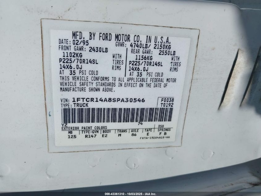 1995 Ford Ranger Super Cab VIN: 1FTCR14A8SPA30546 Lot: 43361310