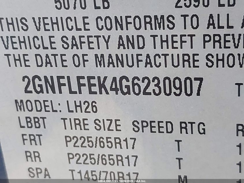 2016 Chevrolet Equinox Lt VIN: 2GNFLFEK4G6230907 Lot: 43361322