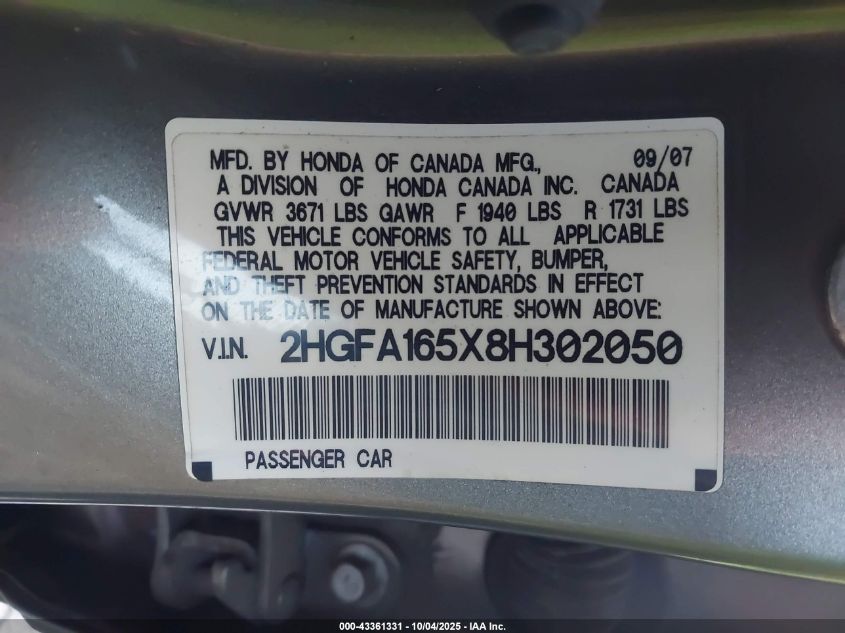 2008 Honda Civic Lx VIN: 2HGFA165X8H302050 Lot: 43361331