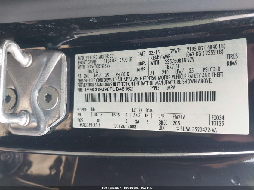 2015 Ford Escape Titanium VIN: 1FMCU9J98FUB46162 Lot: 43361337