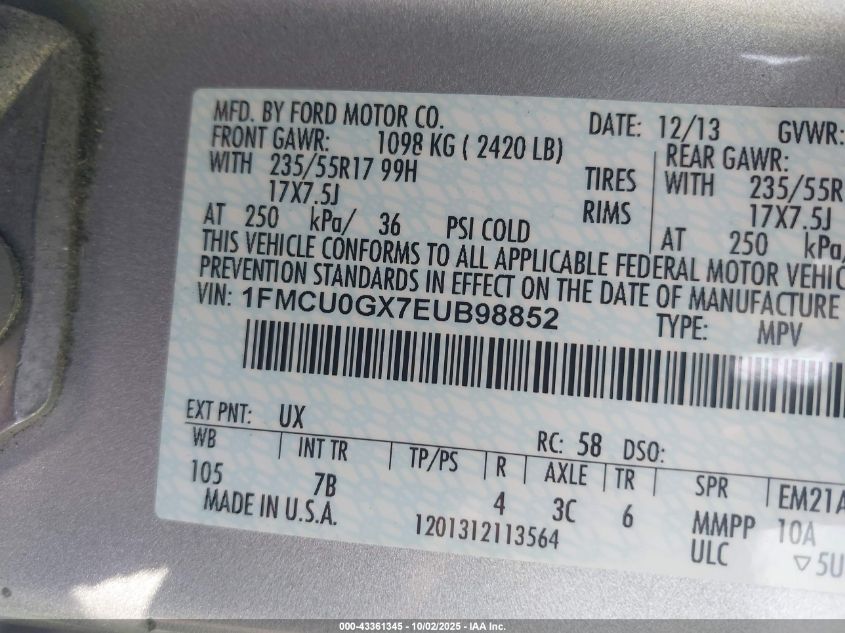 2014 Ford Escape Se VIN: 1FMCU0GX7EUB98852 Lot: 43361345