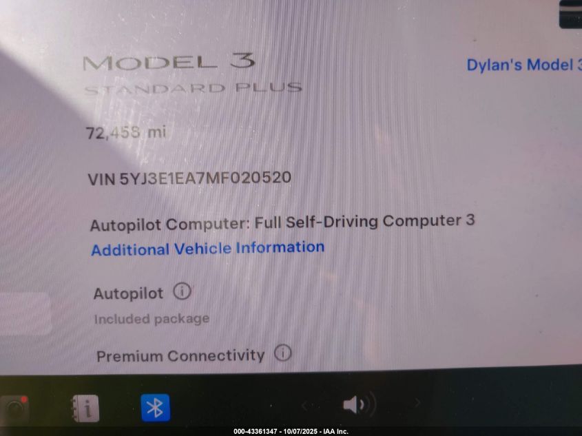 2021 Tesla Model 3 Standard Range Plus Rear-Wheel Drive VIN: 5YJ3E1EA7MF020520 Lot: 43361347