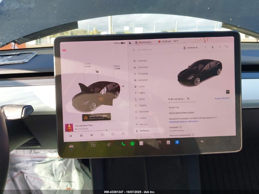 2021 Tesla Model 3 Standard Range Plus Rear-Wheel Drive VIN: 5YJ3E1EA7MF020520 Lot: 43361347