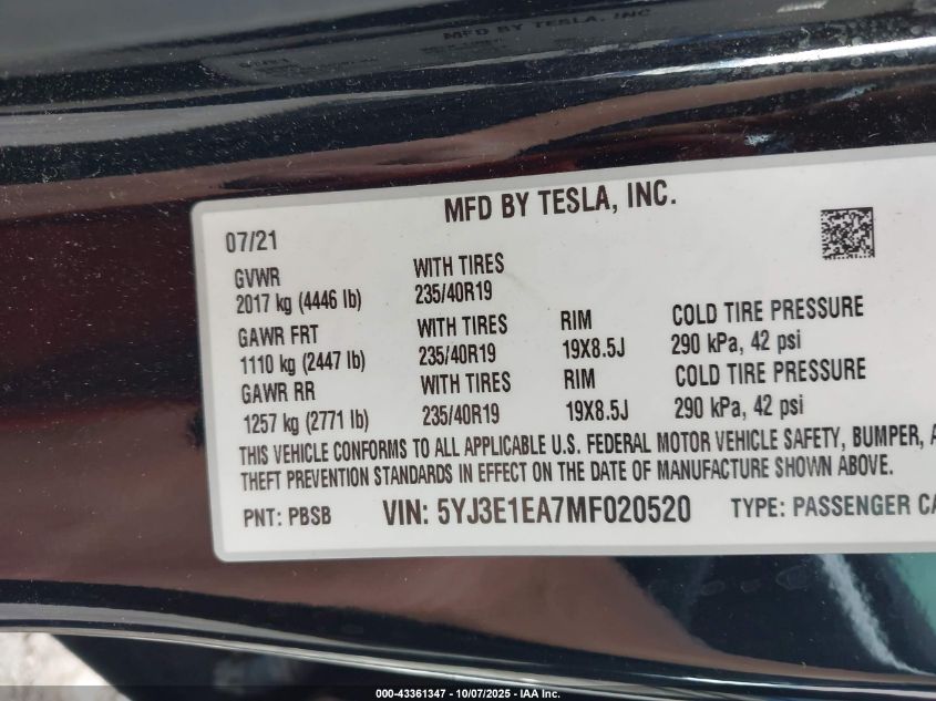 2021 Tesla Model 3 Standard Range Plus Rear-Wheel Drive VIN: 5YJ3E1EA7MF020520 Lot: 43361347