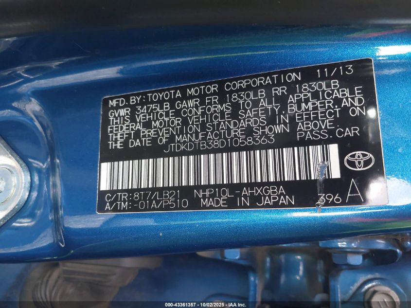 2013 Toyota Prius C Four VIN: JTDKDTB38D1058363 Lot: 43361357