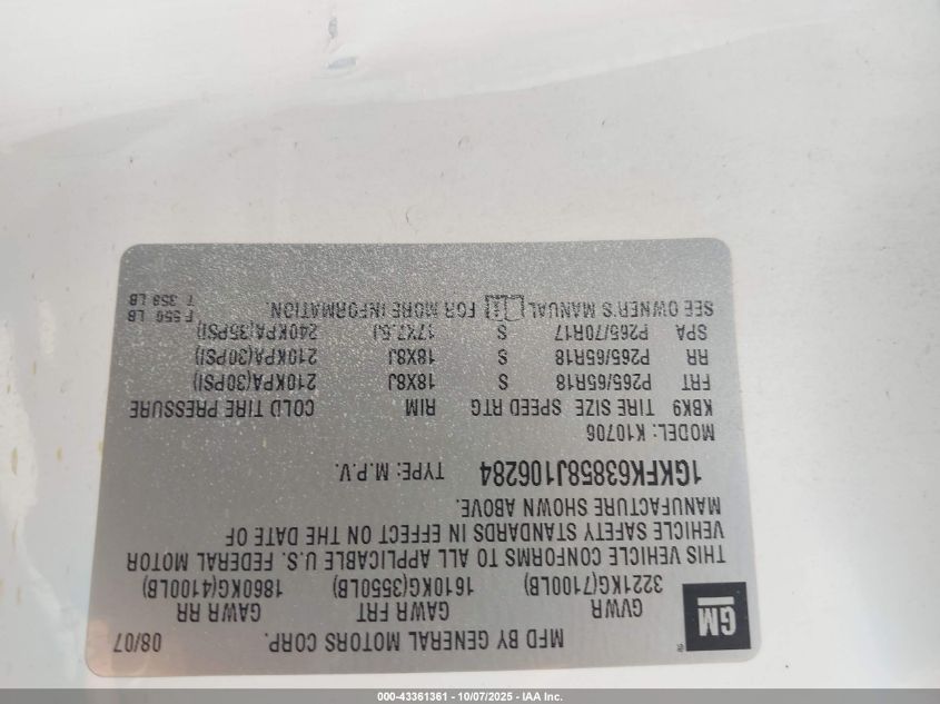 2008 GMC Yukon Denali VIN: 1GKFK63858J106284 Lot: 43361361