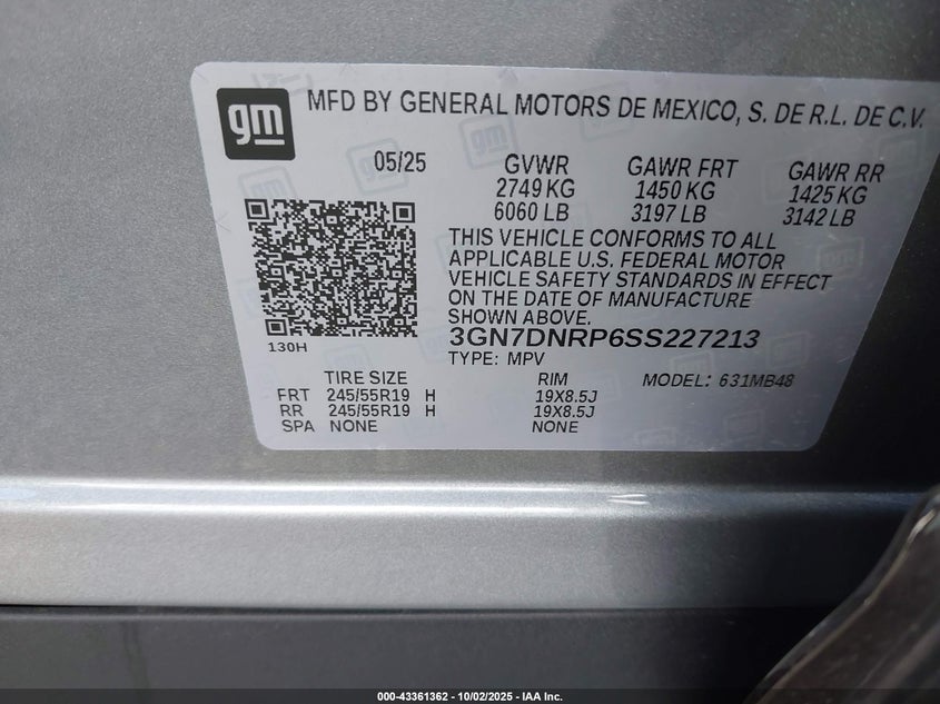 2025 Chevrolet Equinox Ev Lt 2 VIN: 3GN7DNRP6SS227213 Lot: 43361362