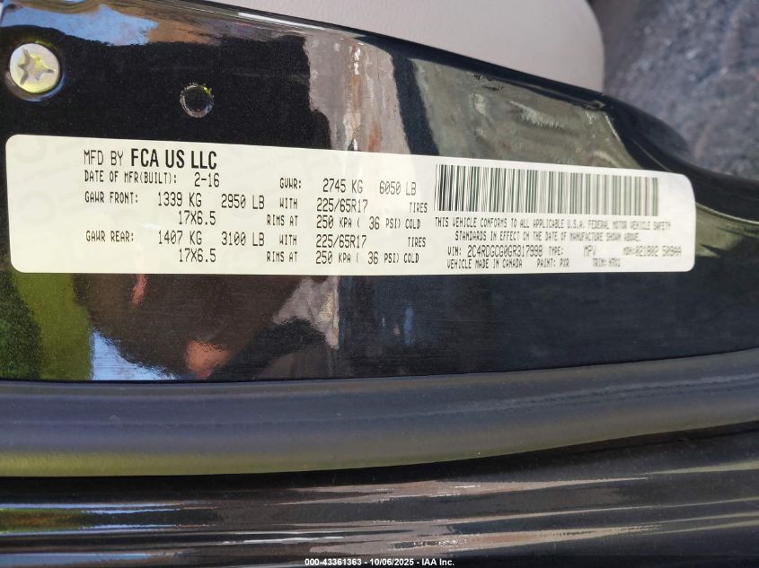 2016 Dodge Grand Caravan Sxt VIN: 2C4RDGCG0GR317998 Lot: 43361363