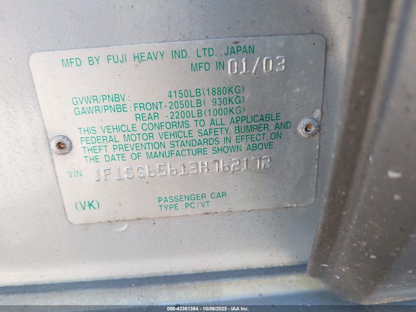 2003 Subaru Forester Xs VIN: JF1SG65613H762172 Lot: 43361364