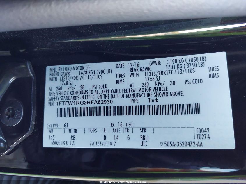 2017 Ford F-150 Raptor VIN: 1FTFW1RG2HFA62930 Lot: 43361375