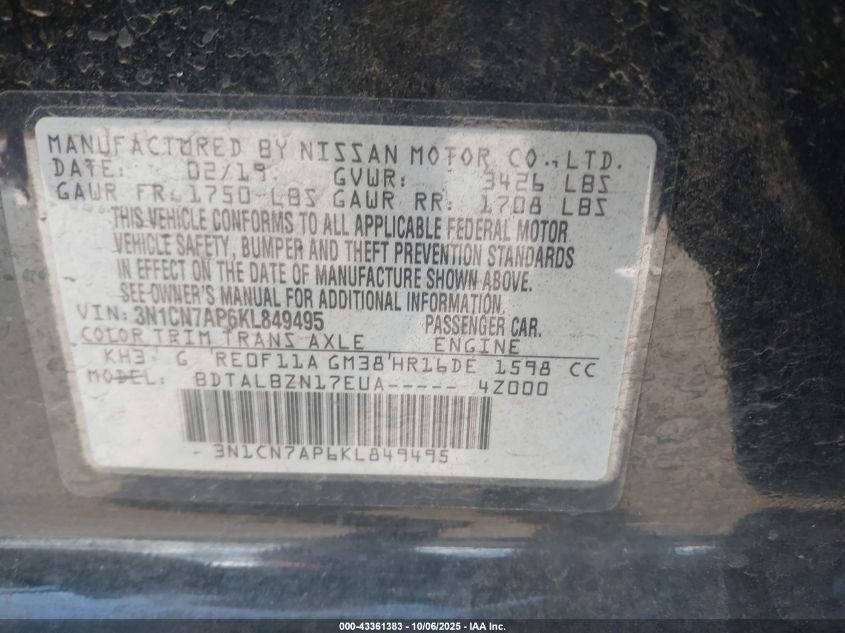 2019 Nissan Versa 1.6 Sv VIN: 3N1CN7AP6KL849495 Lot: 43361383