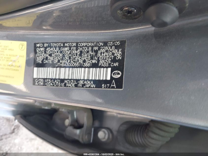 2005 Lexus Es 330 VIN: JTHBA30G055113881 Lot: 43361384