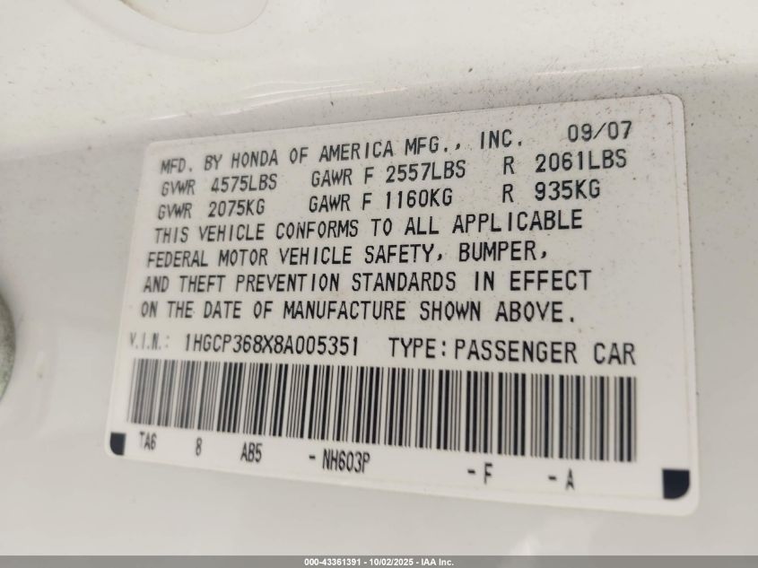 2008 Honda Accord 3.5 Ex-L VIN: 1HGCP368X8A005351 Lot: 43361391