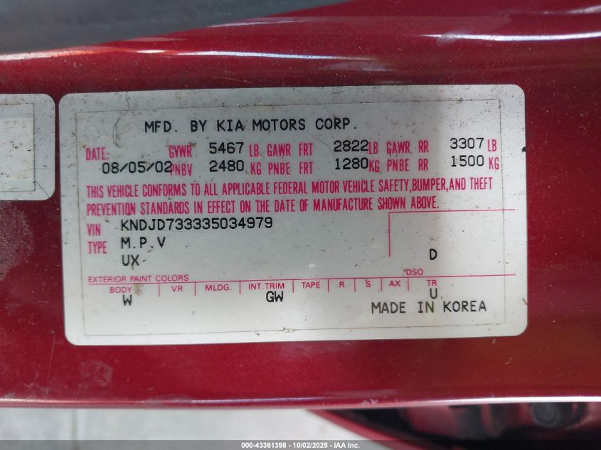 2003 Kia Sorento Ex/Lx VIN: KNDJD733335034979 Lot: 43361398