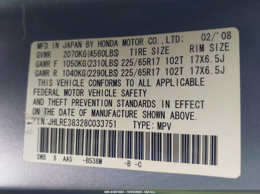 2008 Honda Cr-V Lx VIN: JHLRE38328C033751 Lot: 43361402