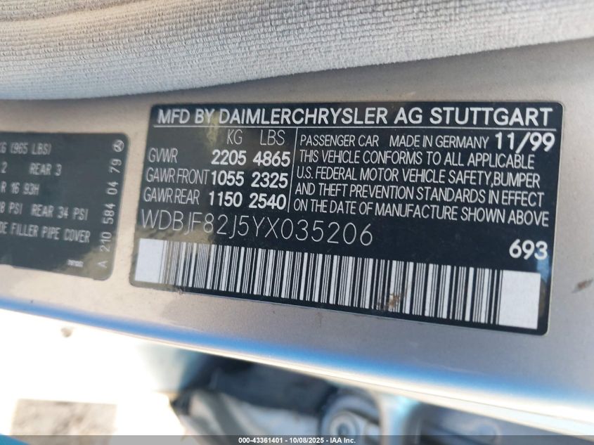 2000 Mercedes-Benz E 320 4M VIN: WDBJF82J5YX035206 Lot: 43361401