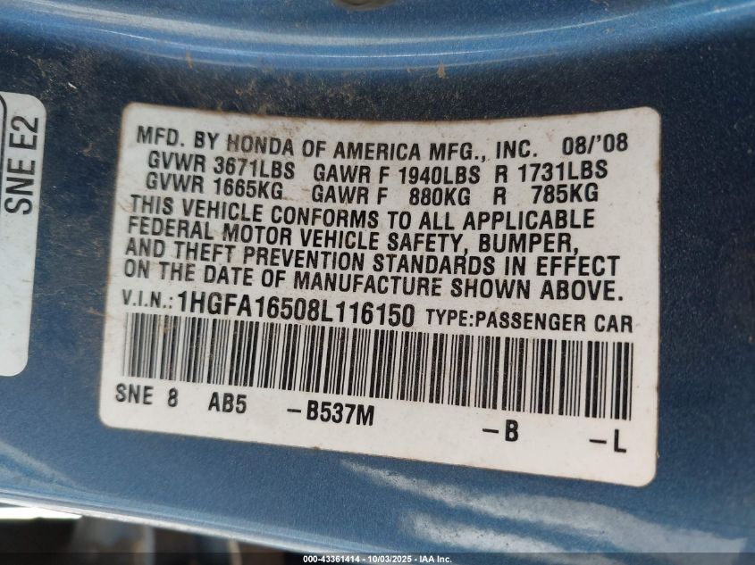 2008 Honda Civic Lx VIN: 1HGFA16508L116150 Lot: 43361414