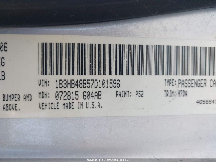 2007 Dodge Caliber Sxt VIN: 1B3HB48B57D101596 Lot: 43361415