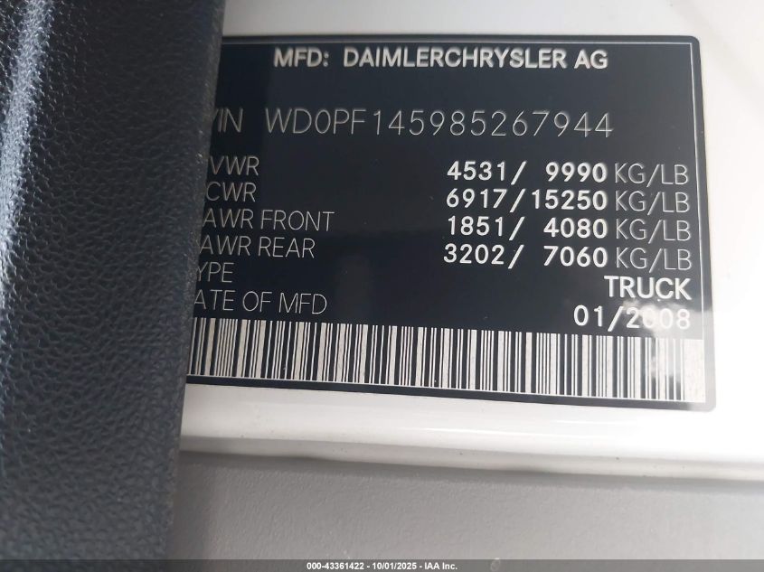 2008 Dodge Sprinter 3500 VIN: WD0PF145985267944 Lot: 43361422