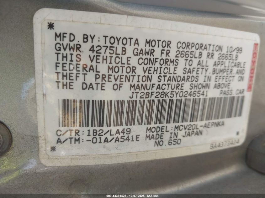 2000 Toyota Camry Le V6/Xle V6 VIN: JT2BF28K5Y0246541 Lot: 43361425