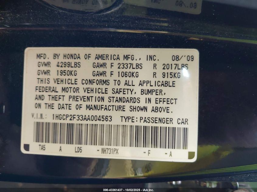 2010 Honda Accord 2.4 Lx VIN: 1HGCP2F33AA004563 Lot: 43361437