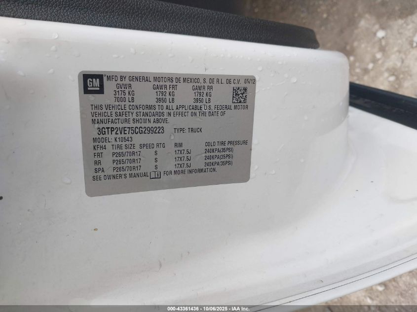 2012 GMC Sierra 1500 Sle VIN: 3GTP2VE75CG299223 Lot: 43361436