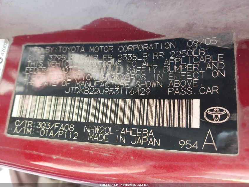 2005 Toyota Prius VIN: JTDKB22U953116429 Lot: 43361441