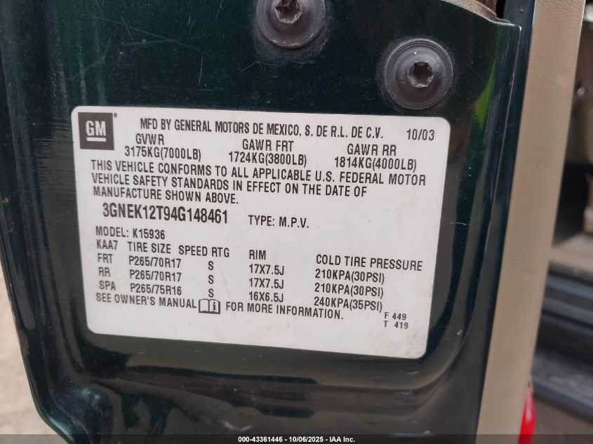 2004 Chevrolet Avalanche 1500 VIN: 3GNEK12T94G148461 Lot: 43361446