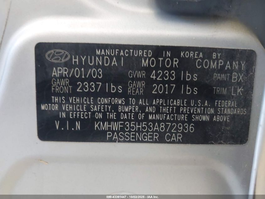 2003 Hyundai Sonata Gls/Lx VIN: KMHWF35H53A872936 Lot: 43361447