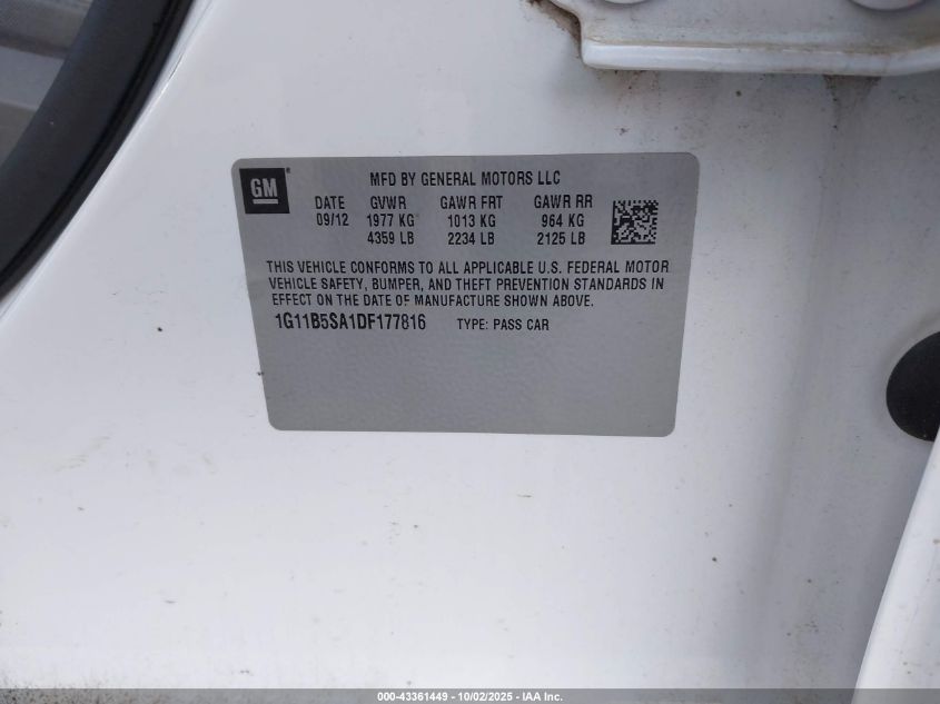 2013 Chevrolet Malibu 1Ls VIN: 1G11B5SA1DF177816 Lot: 43361449