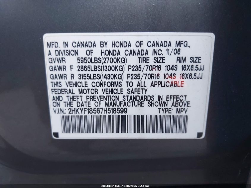 2007 Honda Pilot Ex-L VIN: 2HKYF18567H518599 Lot: 43361456