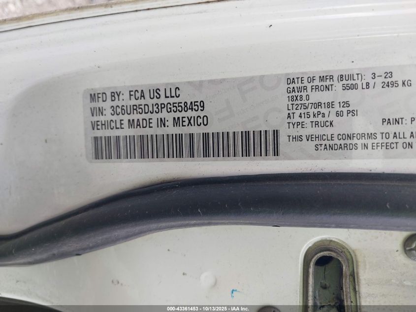 2023 Ram 2500 Big Horn 4X4 6'4 Box VIN: 3C6UR5DJ3PG558459 Lot: 43361453