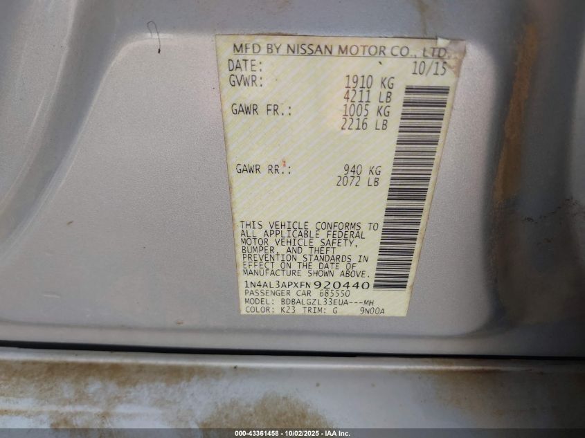 2015 Nissan Altima 2.5 S VIN: 1N4AL3APXFN920440 Lot: 43361458