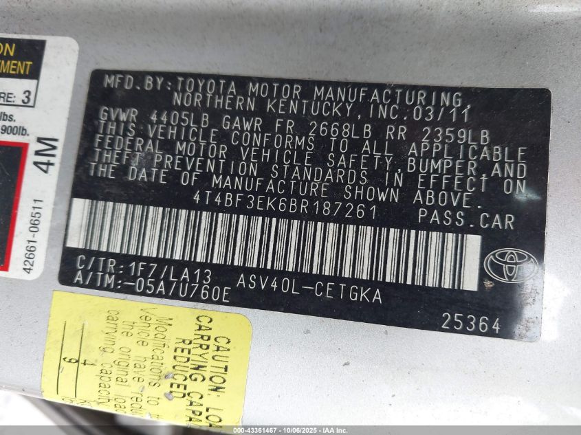 2011 Toyota Camry Xle VIN: 4T4BF3EK6BR187261 Lot: 43361467