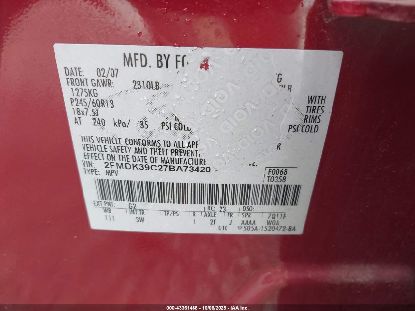 2007 Ford Edge Sel Plus VIN: 2FMDK39C27BA73420 Lot: 43361468