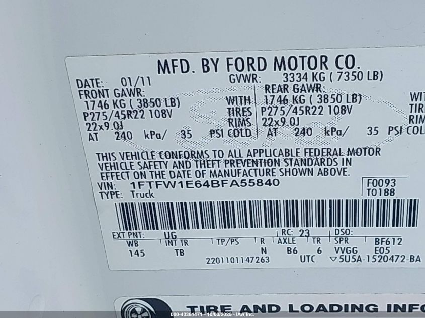 2011 Ford F-150 Lariat Limited VIN: 1FTFW1E64BFA55840 Lot: 43361471