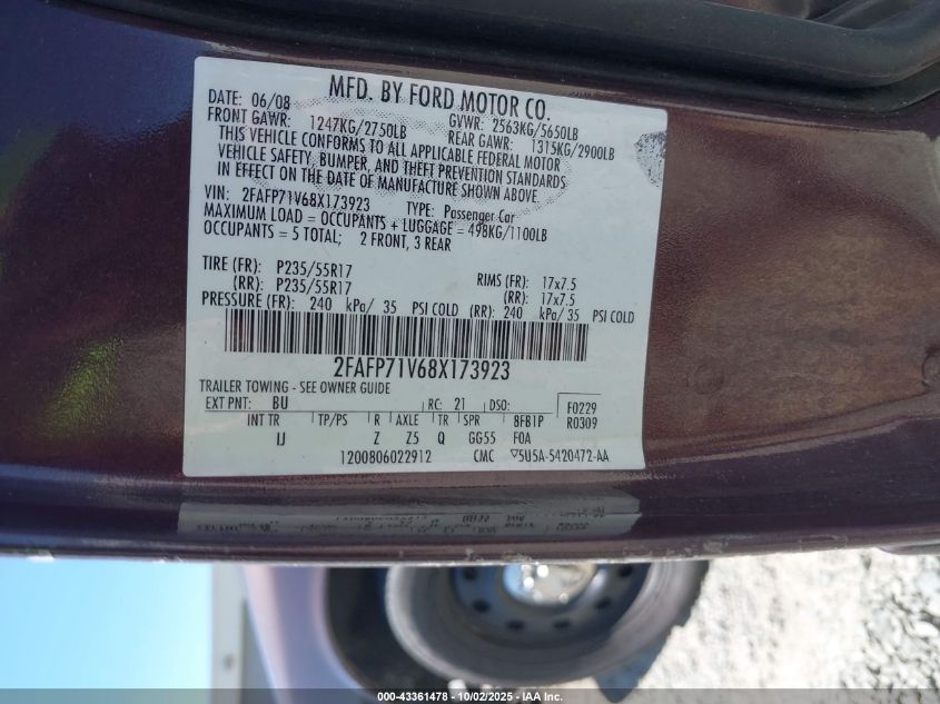 2008 Ford Crown Victoria Police/Police Interceptor VIN: 2FAFP71V68X173923 Lot: 43361478