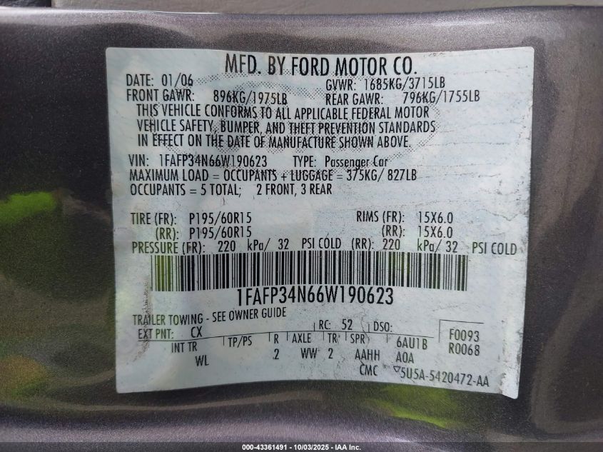 2006 Ford Focus Zx4 VIN: 1FAFP34N66W190623 Lot: 43361491