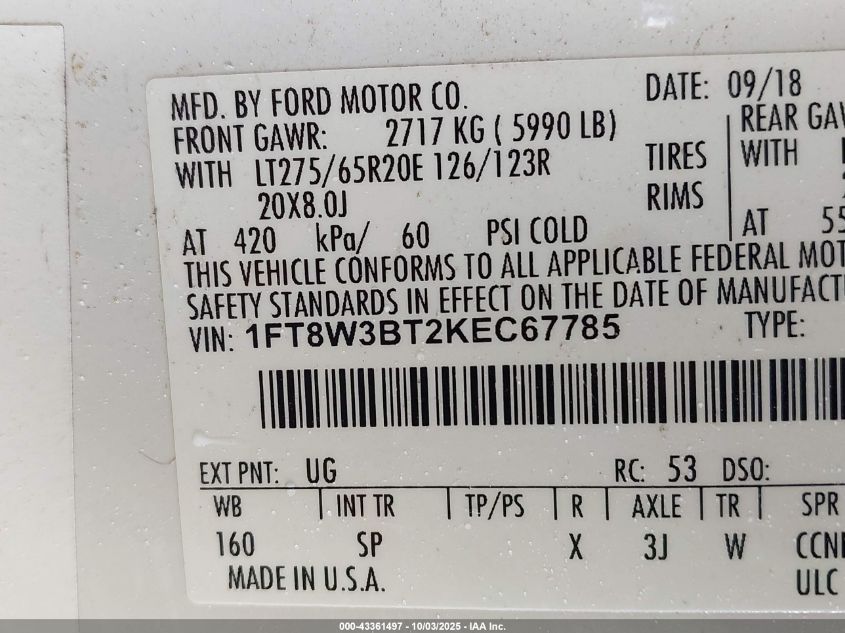 2019 Ford F-350 King Ranch VIN: 1FT8W3BT2KEC67785 Lot: 43361497