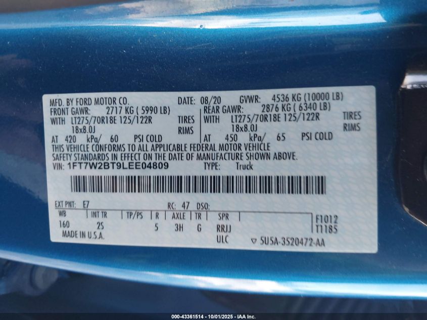 2020 Ford F-250 Xlt VIN: 1FT7W2BT9LEE04809 Lot: 43361514