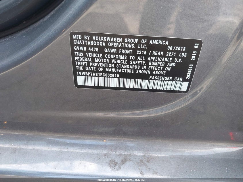 2014 VOLKSWAGEN PASSAT 2.5L SE 1VWBP7A31EC002610