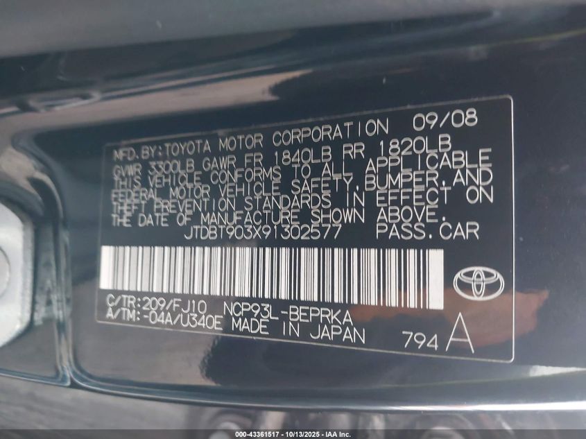 2009 Toyota Yaris VIN: JTDBT903X91302577 Lot: 43361517