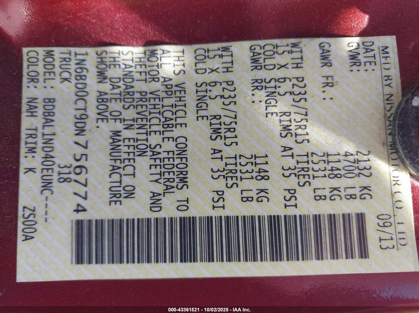 2013 NISSAN FRONTIER S 1N6BD0CT9DN756774