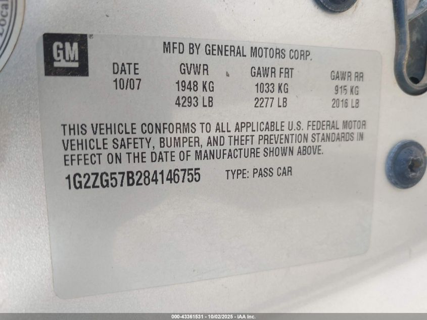 2008 Pontiac G6 VIN: 1G2ZG57B284146755 Lot: 43361531