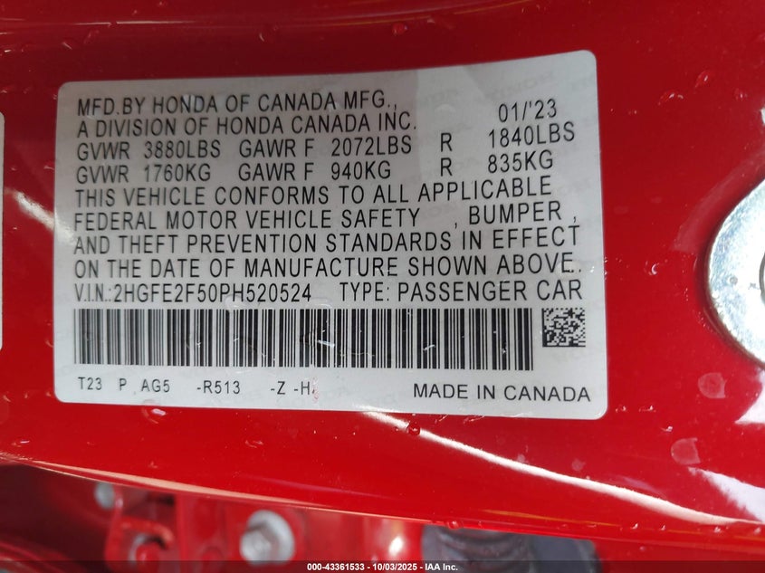 2023 HONDA CIVIC SPORT - 2HGFE2F50PH520524