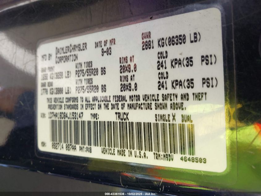 2004 Dodge Ram 1500 Slt/Laramie VIN: 1D7HA16D64J153147 Lot: 43361536