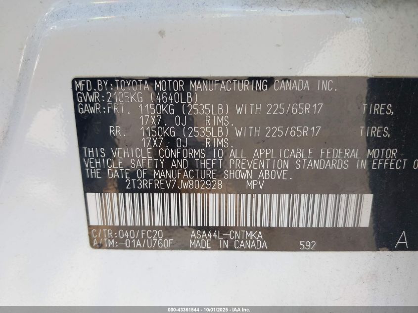 2018 Toyota Rav4 Xle VIN: 2T3RFREV7JW802928 Lot: 43361544